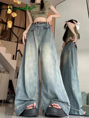 Cyflymder Spring Women Vintage Y2K Baggy Jeans High Waist Oversized American Trouser Denim Wide Leg