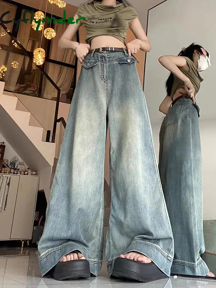 Cyflymder Spring Women Vintage Y2K Baggy Jeans High Waist Oversized American Trouser Denim Wide Leg