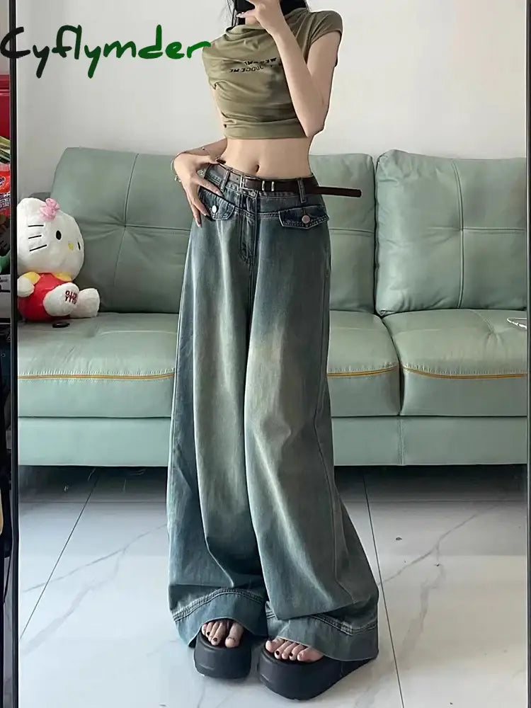 Cyflymder Spring Women Vintage Y2K Baggy Jeans High Waist Oversized American Trouser Denim Wide Leg