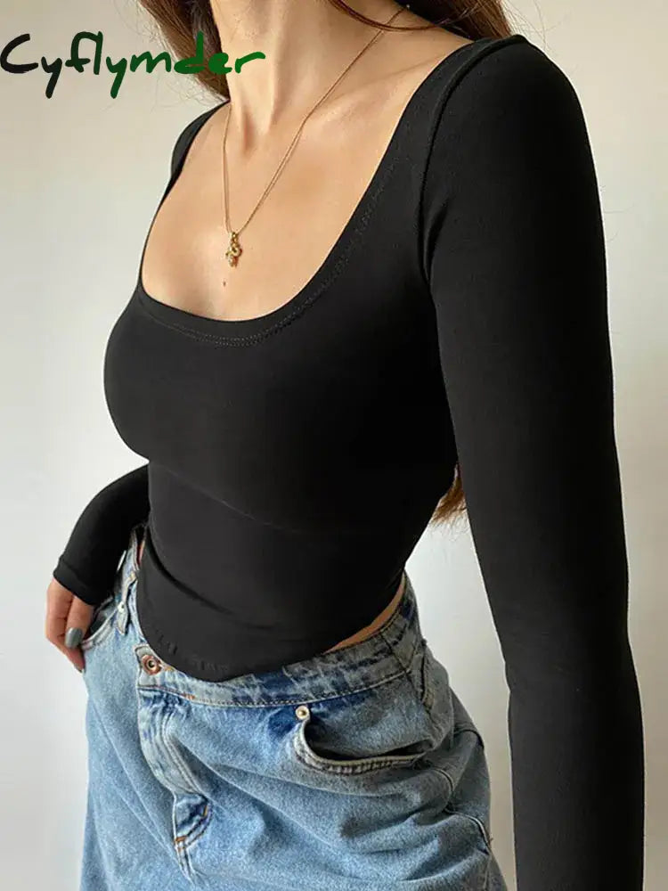 Cyflymder Square Collar Long Sleeve Casual Women T Shirts Green Autumn Skinny Sexy Solid Basic Crop Tops Fashion