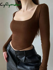 Cyflymder Square Collar Long Sleeve Casual Women T Shirts Green Autumn Skinny Sexy Solid Basic Crop Tops Fashion