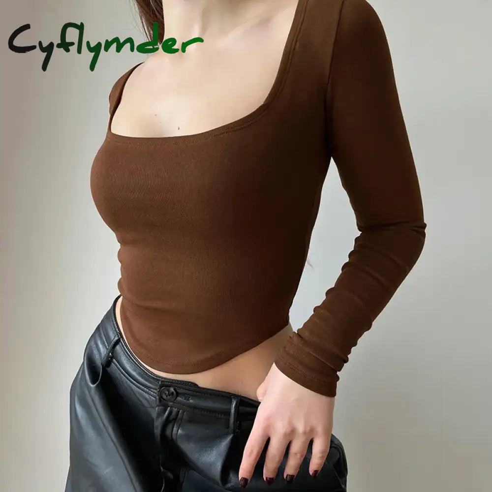 Cyflymder Square Collar Long Sleeve Casual Women T Shirts Green Autumn Skinny Sexy Solid Basic Crop Tops Fashion