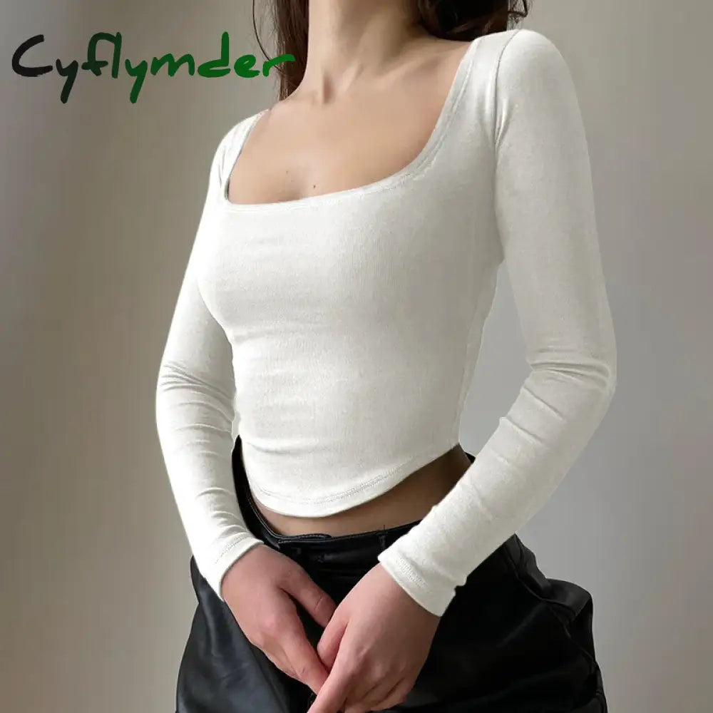 Cyflymder Square Collar Long Sleeve Casual Women T Shirts Green Autumn Skinny Sexy Solid Basic Crop Tops Fashion