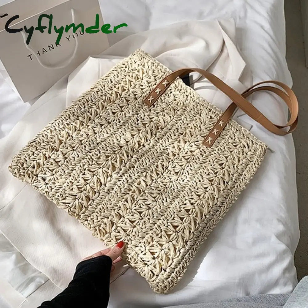 Cyflymder Square Hollow Straw Beach Bag Handmade Woven Shoulder Raffia Rattan Shopping Travel