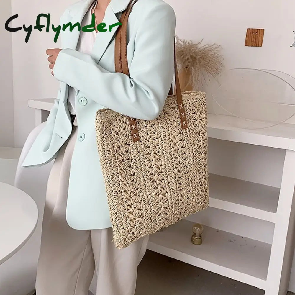 Cyflymder Square Hollow Straw Beach Bag Handmade Woven Shoulder Raffia Rattan Shopping Travel