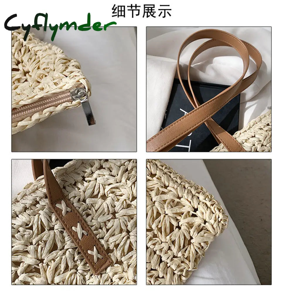 Cyflymder Square Hollow Straw Beach Bag Handmade Woven Shoulder Raffia Rattan Shopping Travel