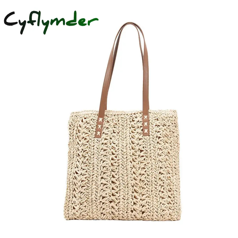 Cyflymder Square Hollow Straw Beach Bag Handmade Woven Shoulder Raffia Rattan Shopping Travel