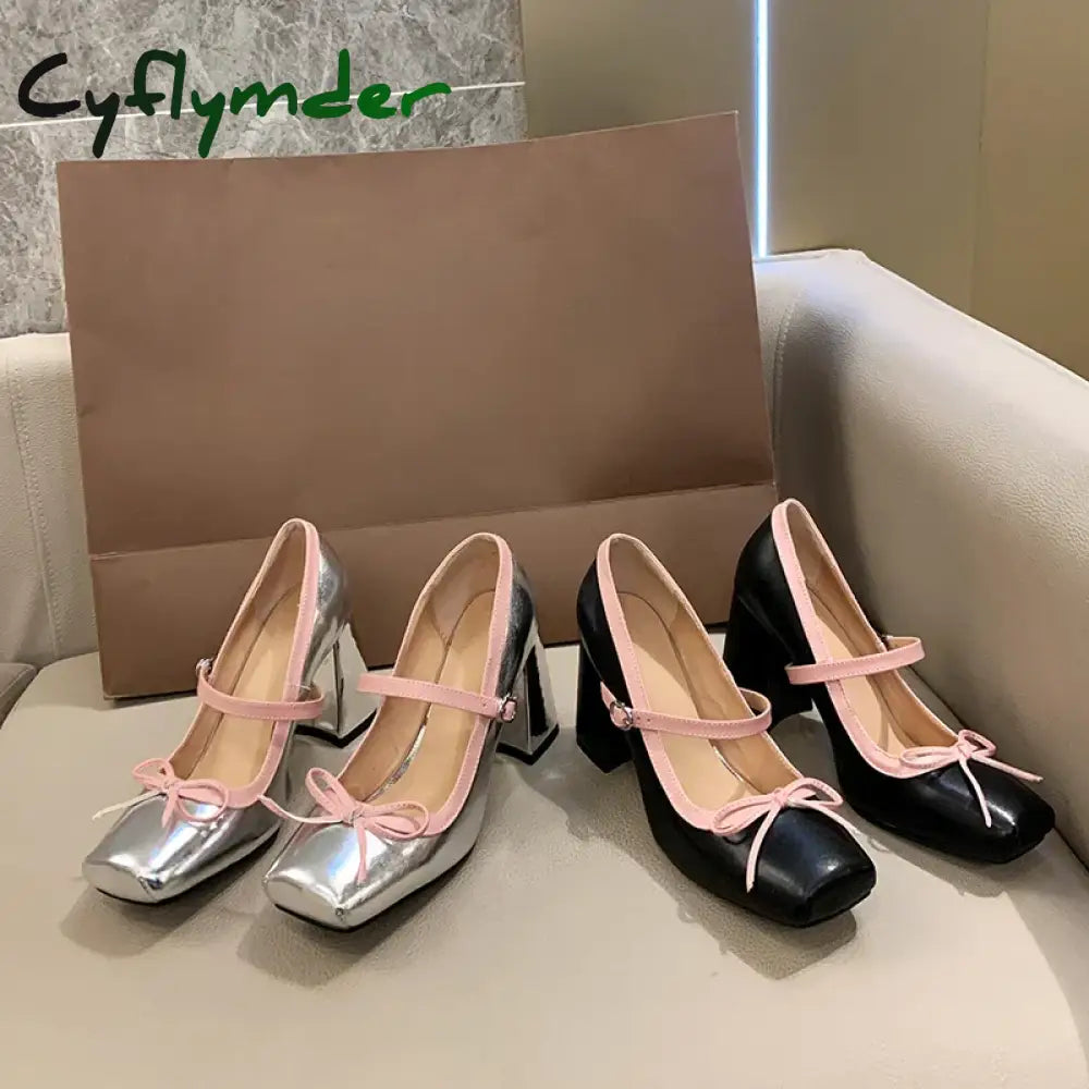 Cyflymder Square Toe Fashionable and Elegant Mary Jane Shoes with Bow Decoration Thick Heel Comfortable Sexy Party