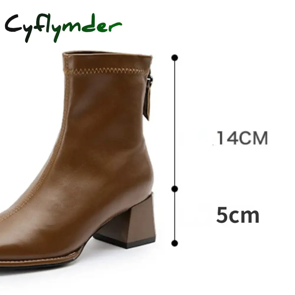Cyflymder Square Toe Women Ankle Boots Flock Stretch Shoes Thin Mid Heels Black/Brown/Beige Back Zipper Dress Sock