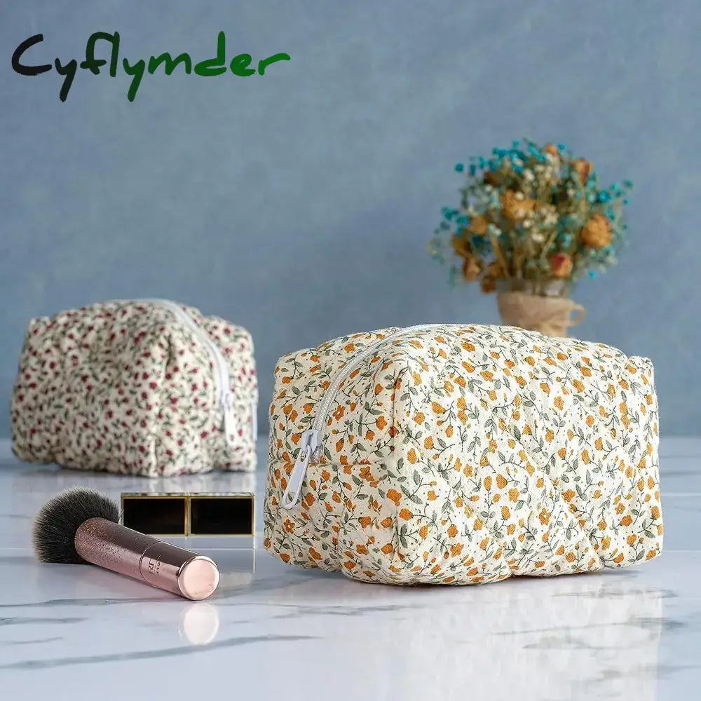 Cyflymder Storage Organizer Floral Puffy Quilted Makeup Bag Flower Printed Cosmetic Pouch Large