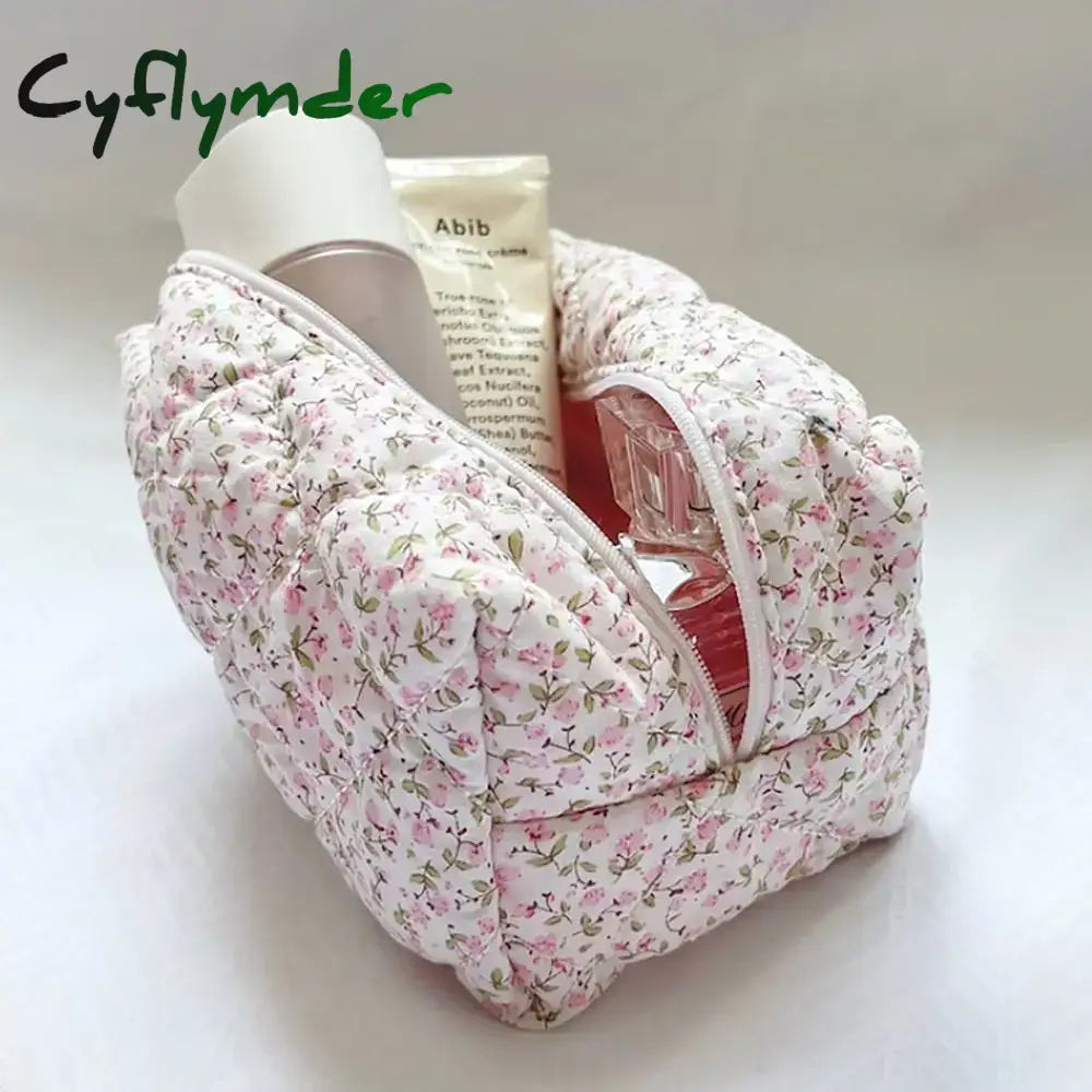 Cyflymder Storage Organizer Floral Puffy Quilted Makeup Bag Flower Printed Cosmetic Pouch Large