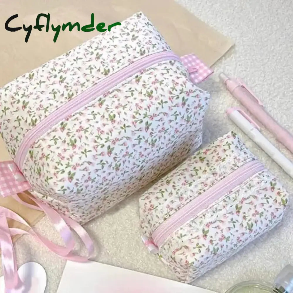 Cyflymder Storage Organizer Floral Puffy Quilted Makeup Bag Flower Printed Cosmetic Pouch Large