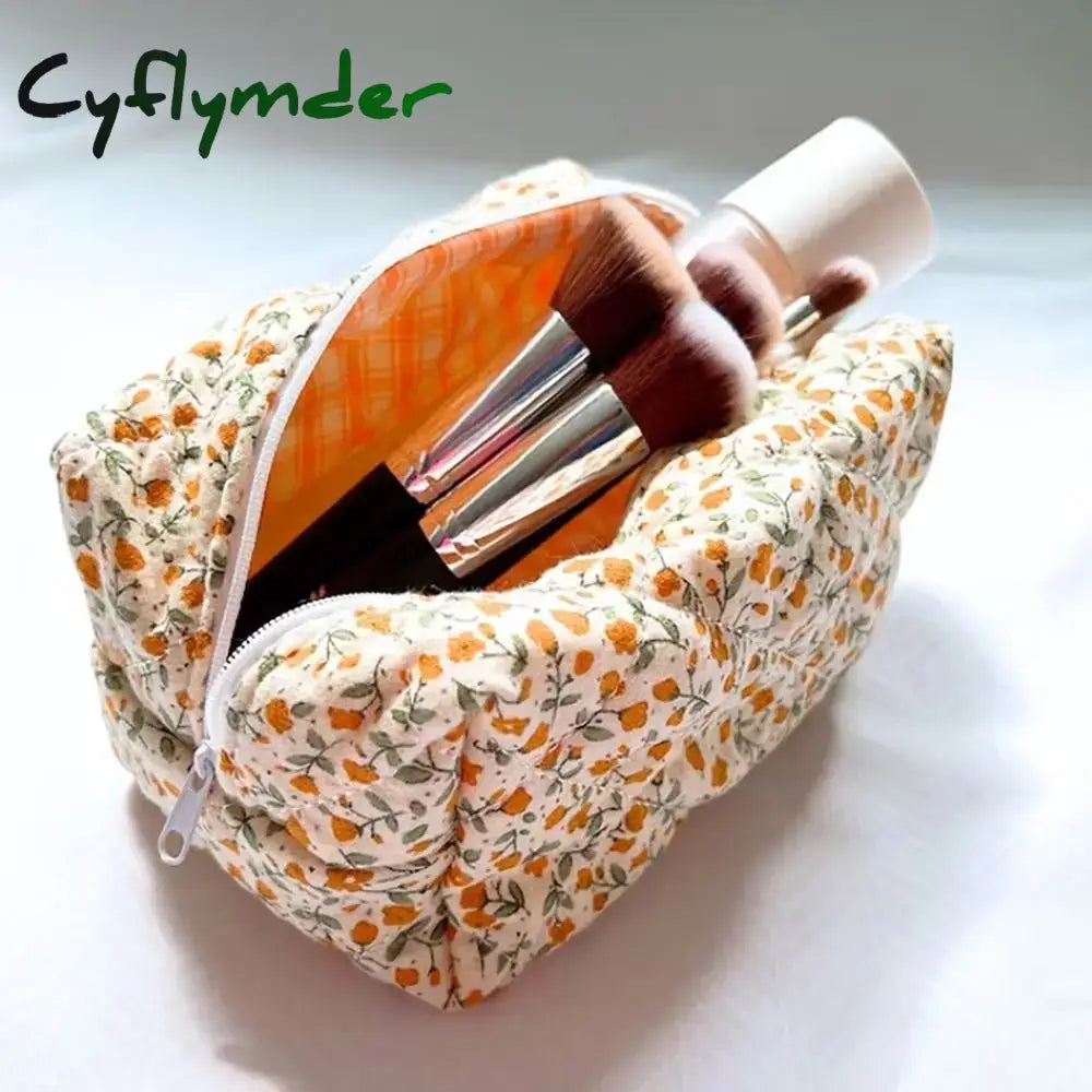 Cyflymder Storage Organizer Floral Puffy Quilted Makeup Bag Flower Printed Cosmetic Pouch Large