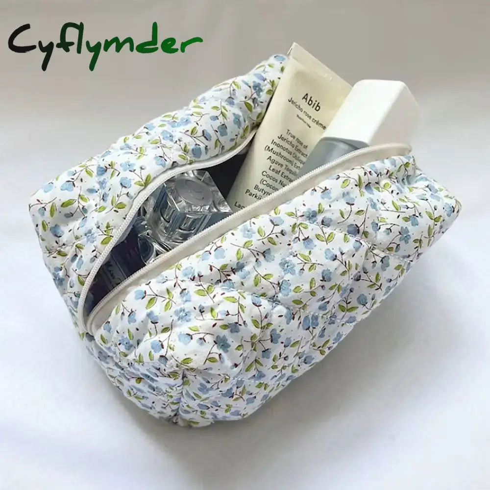 Cyflymder Storage Organizer Floral Puffy Quilted Makeup Bag Flower Printed Cosmetic Pouch Large