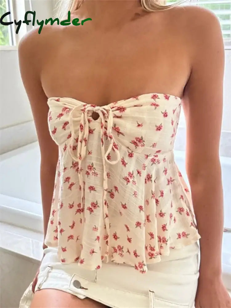 Strapless Off Shoulder Ruched Tube Tops Women Front Tie-up Ruffles Summer Party Clubwear Tank Floral Print Mini Vest