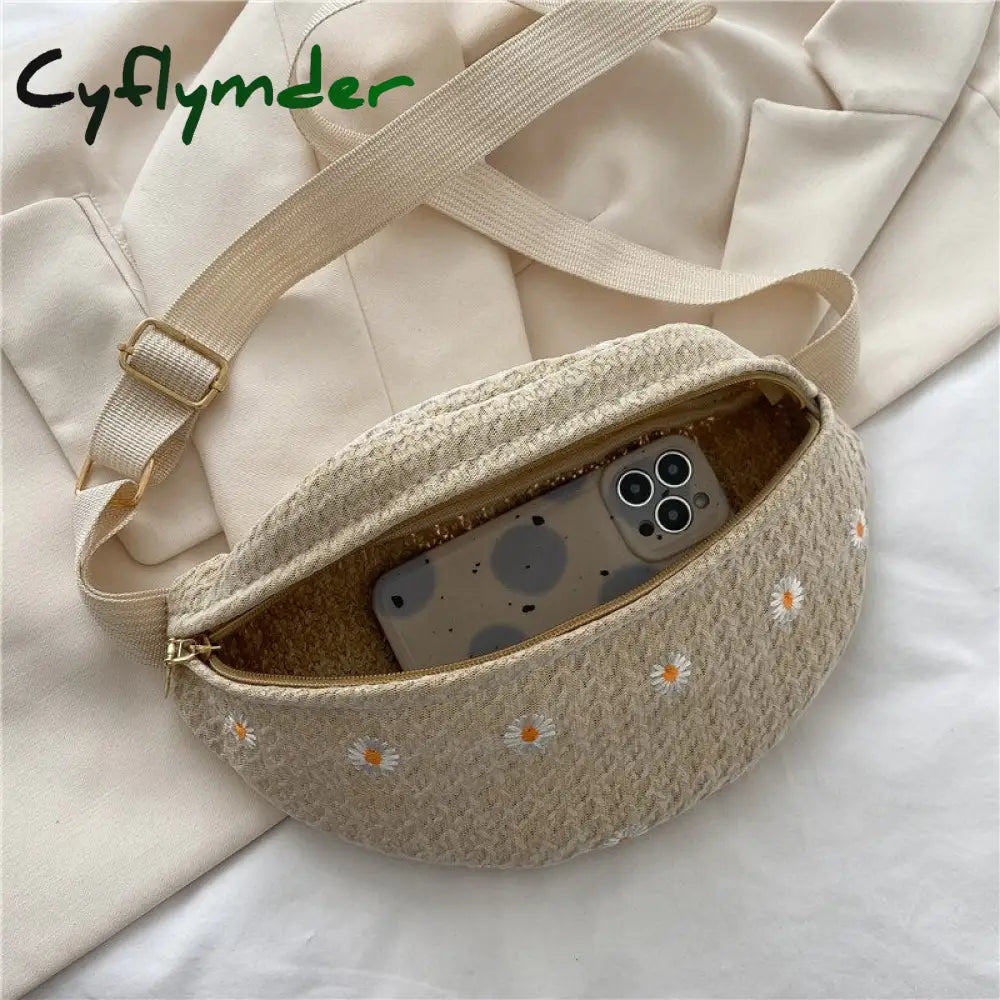 Cyflymder Straw Bag Beach Women Waist Purse Casual Large Daisy Flower Pouch Travel Phone Fanny Pack