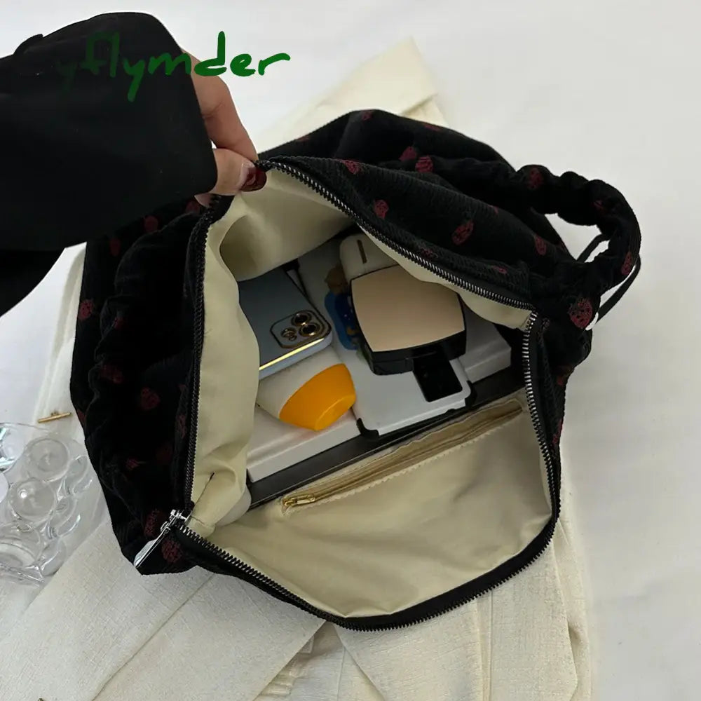 Cyflymder Strawberry Printed Shoulder Bag Pleated Corduroy Cross Body Messenger New Large Capacity