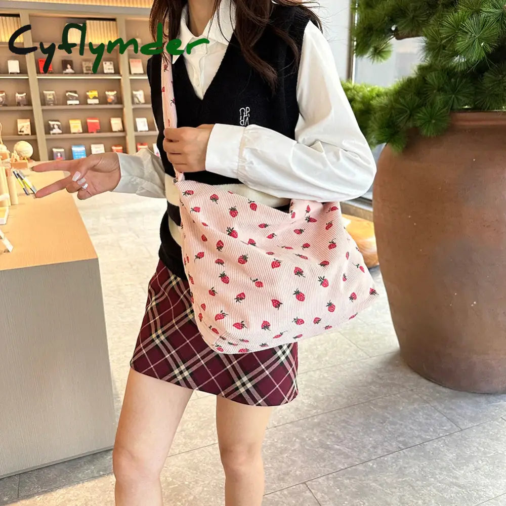 Cyflymder Strawberry Printed Shoulder Bag Pleated Corduroy Cross Body Messenger New Large Capacity