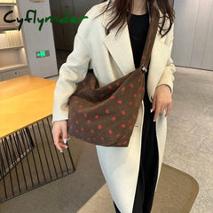 Cyflymder Strawberry Printed Shoulder Bag Pleated Corduroy Cross Body Messenger New Large Capacity