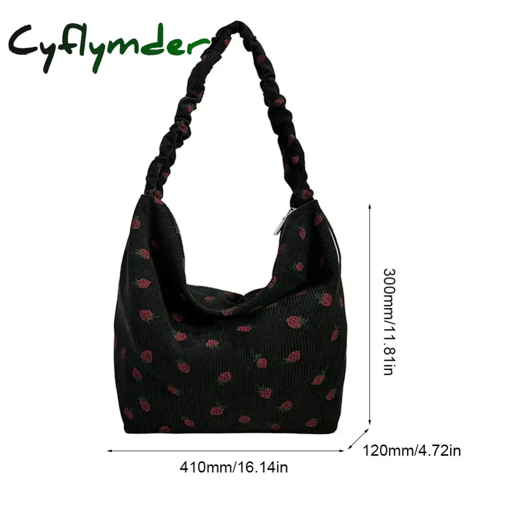 Cyflymder Strawberry Printed Shoulder Bag Pleated Corduroy Cross Body Messenger New Large Capacity