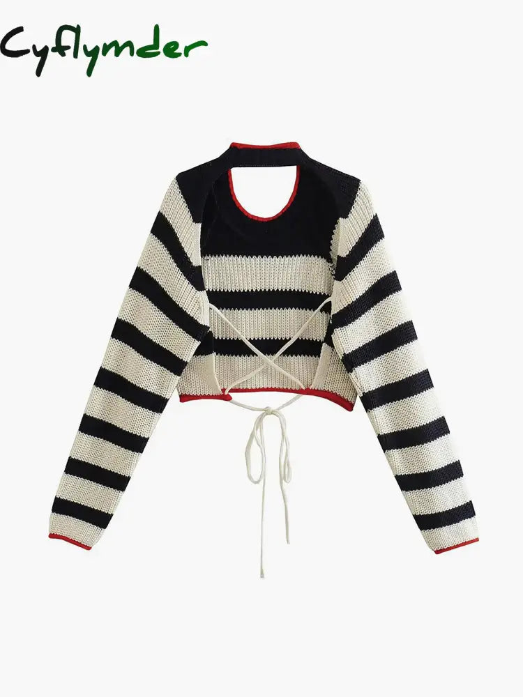 Cyflymder - Stripe Crochet Long Sleeve Open Back Crop Top Knit Tops