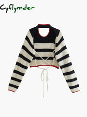 Cyflymder - Stripe Crochet Long Sleeve Open Back Crop Top Knit Tops