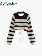Cyflymder - Stripe Crochet Long Sleeve Open Back Crop Top Knit Tops