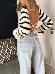 Cyflymder - Stripe Crochet Long Sleeve Open Back Crop Top Off-White / Xs Knit Tops