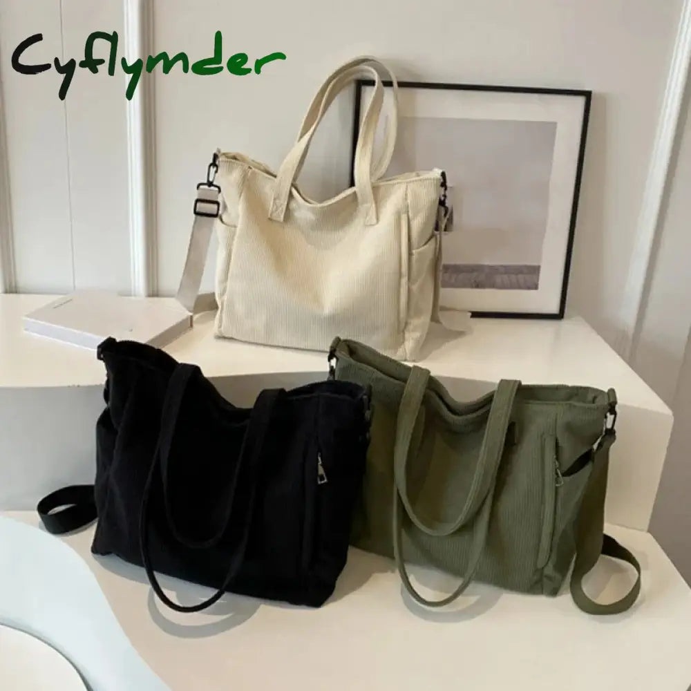 Cyflymder Striped Velvet Handbag Simple Style Corduroy Shoulder Bag Solid Color Large Capacity Commuting Women’s Tote