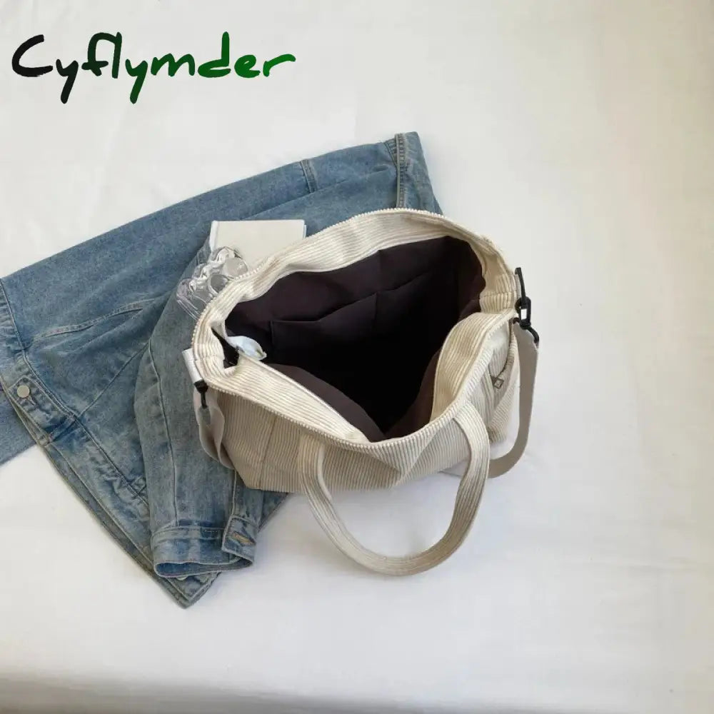 Cyflymder Striped Velvet Handbag Simple Style Corduroy Shoulder Bag Solid Color Large Capacity Commuting Women’s Tote