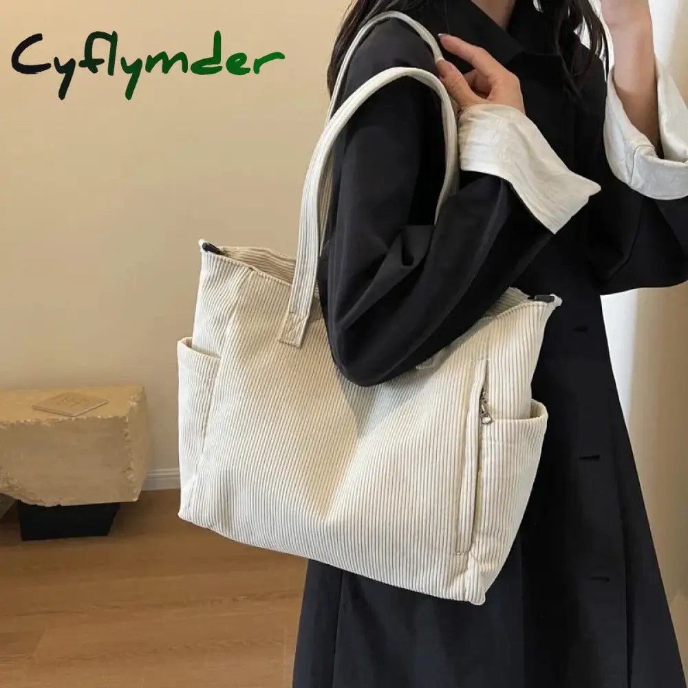 Cyflymder Striped Velvet Handbag Simple Style Corduroy Shoulder Bag Solid Color Large Capacity Commuting Women’s Tote