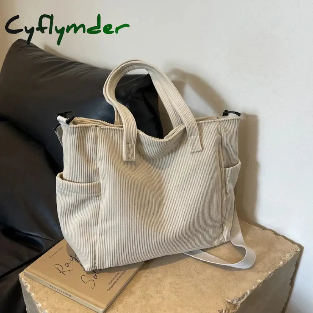 Cyflymder Striped Velvet Handbag Simple Style Corduroy Shoulder Bag Solid Color Large Capacity Commuting Women’s Tote