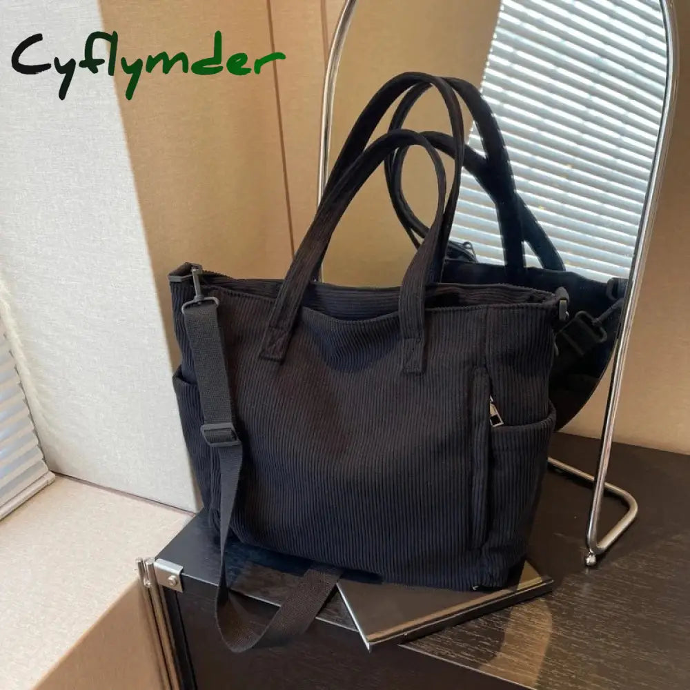 Cyflymder Striped Velvet Handbag Simple Style Corduroy Shoulder Bag Solid Color Large Capacity Commuting Women’s Tote