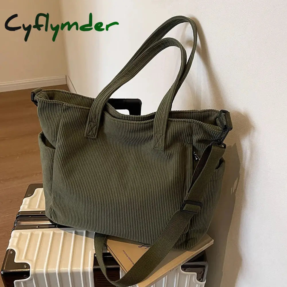 Cyflymder Striped Velvet Handbag Simple Style Corduroy Shoulder Bag Solid Color Large Capacity Commuting Women’s Tote