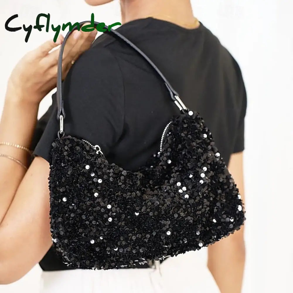 Cyflymder Stylish Black Sequin Hobo Bag For Women - Casual Chic Shoulder Purse With Leather Strap