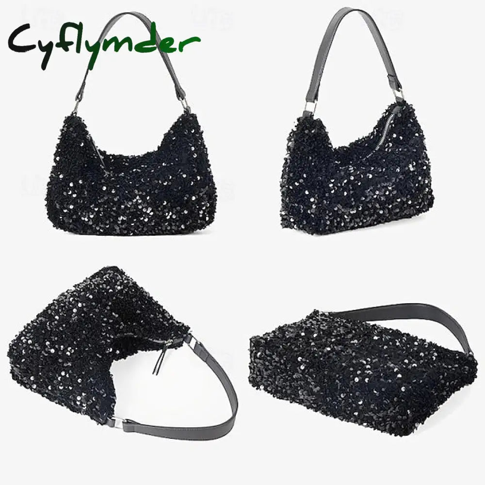 Cyflymder Stylish Black Sequin Hobo Bag For Women - Casual Chic Shoulder Purse With Leather Strap