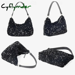Cyflymder Stylish Black Sequin Hobo Bag For Women - Casual Chic Shoulder Purse With Leather Strap