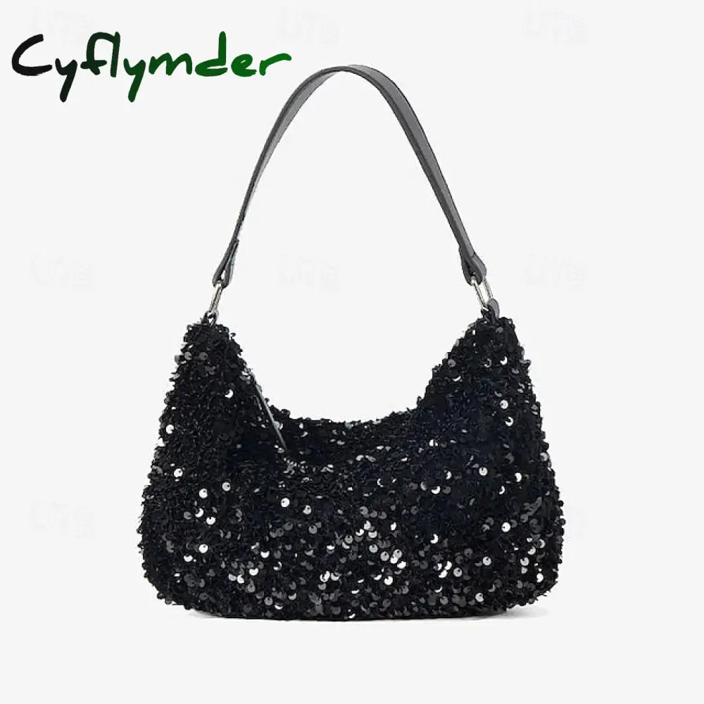 Cyflymder Stylish Black Sequin Hobo Bag For Women - Casual Chic Shoulder Purse With Leather Strap