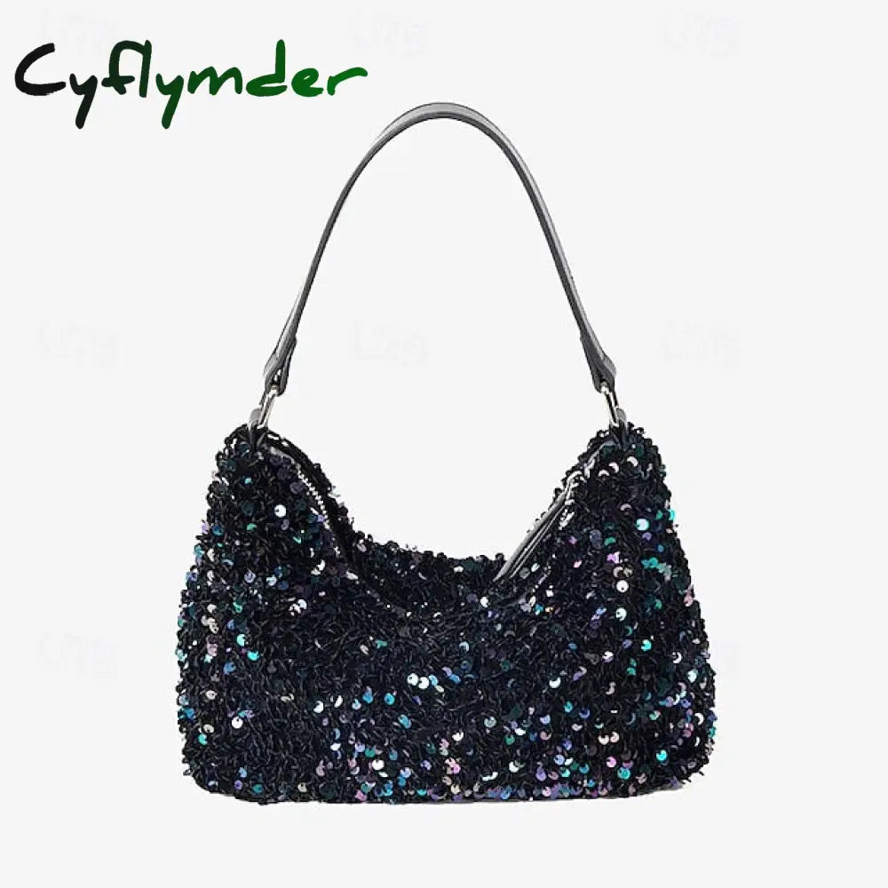 Cyflymder Stylish Black Sequin Hobo Bag For Women - Casual Chic Shoulder Purse With Leather Strap