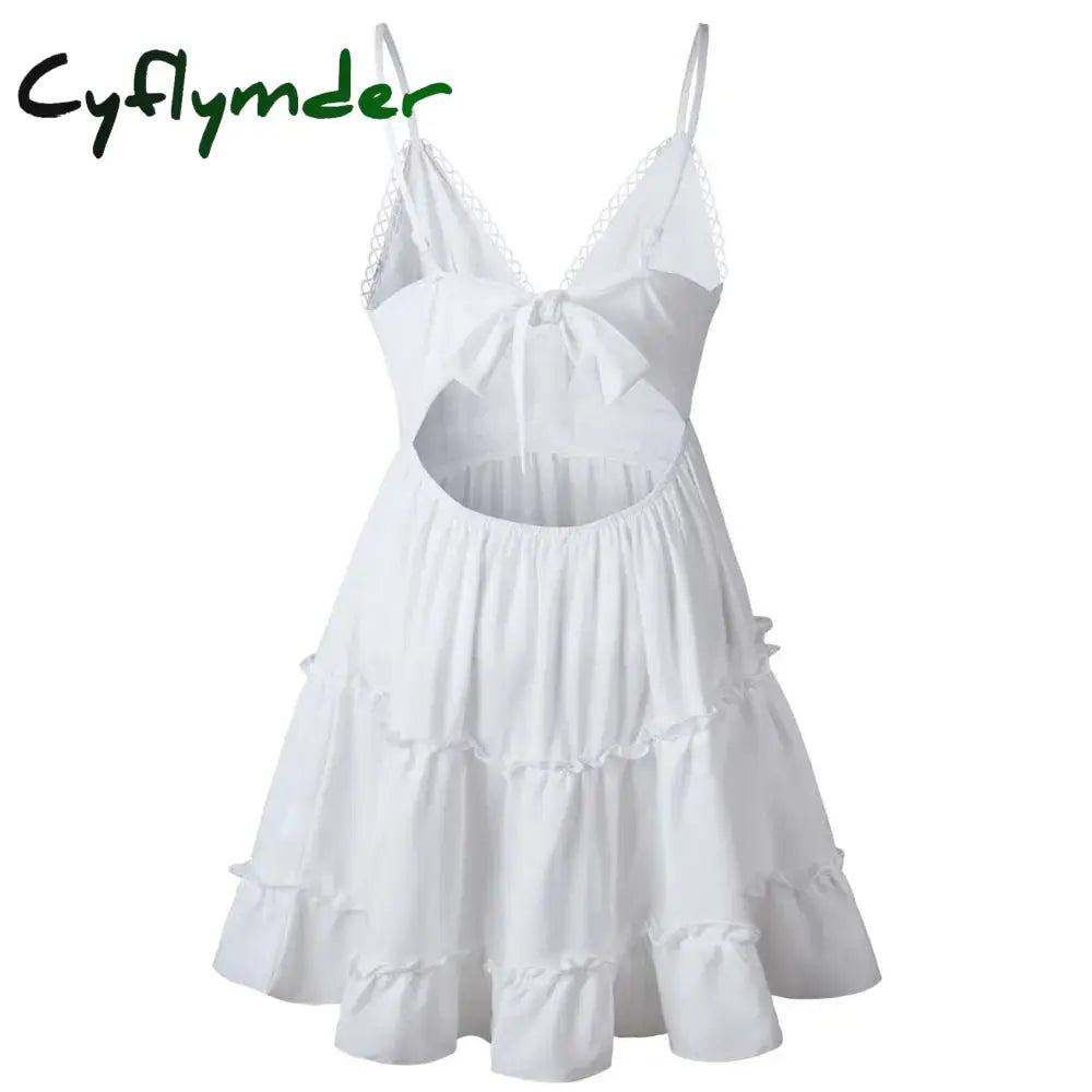 Cyflymder Summer A-Line Beach Dress Spaghetti Strap Lace Floral White Mini Dresses Ruffles Backless