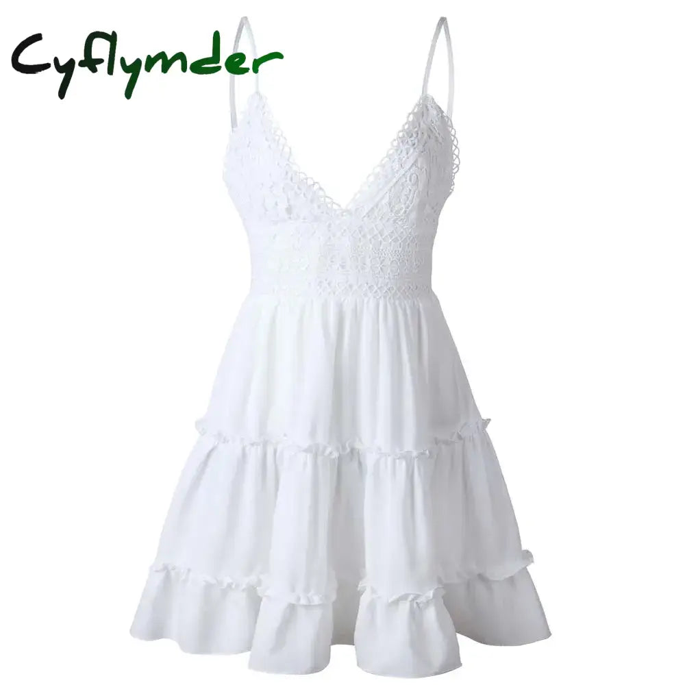 Cyflymder Summer A-Line Beach Dress Spaghetti Strap Lace Floral White Mini Dresses Ruffles Backless