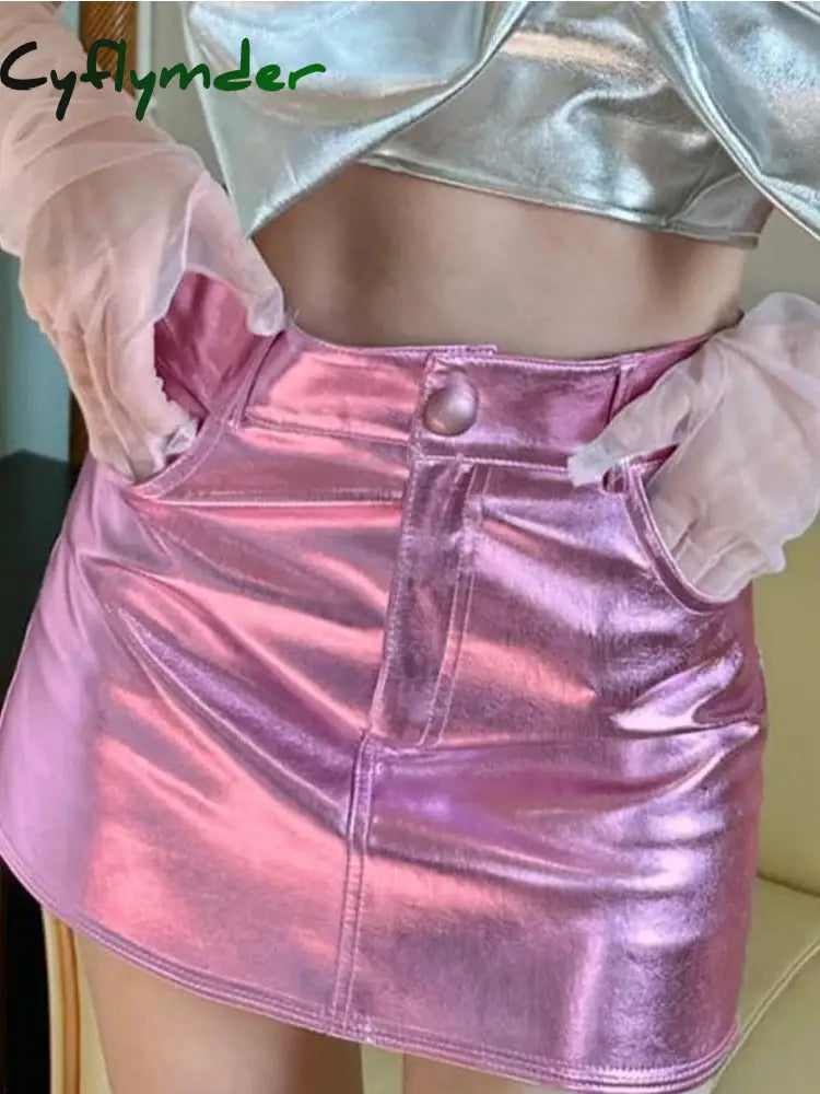 Cyflymder Summer Autumn Pink Silver Reflective Shiny Patent Leather Mini Skirts for Women High Waist A Line Short Sexy