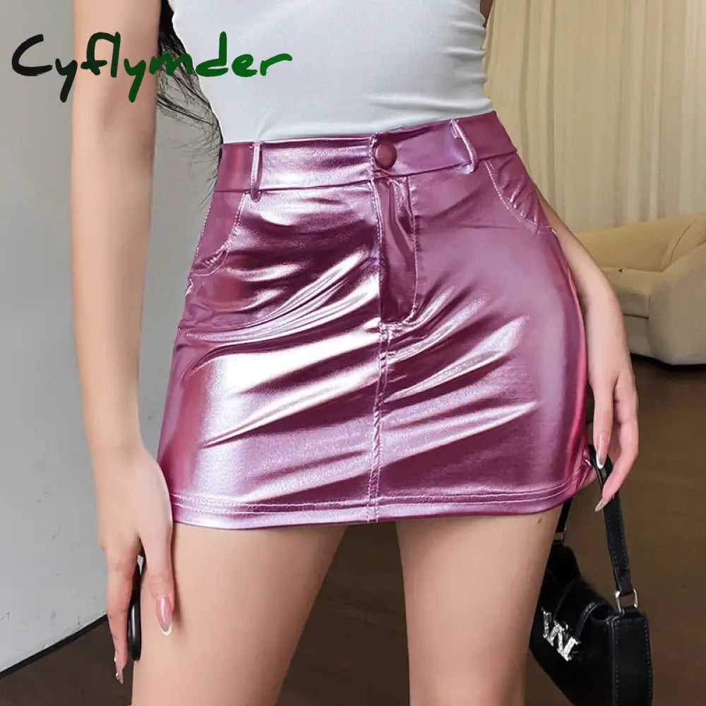 Cyflymder Summer Autumn Pink Silver Reflective Shiny Patent Leather Mini Skirts for Women High Waist A Line Short Sexy