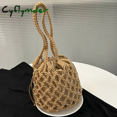 Cyflymder Summer Beach Bag For Women Mesh Rope Knitted Bucket Shoulder Bags Reticulate Hollow