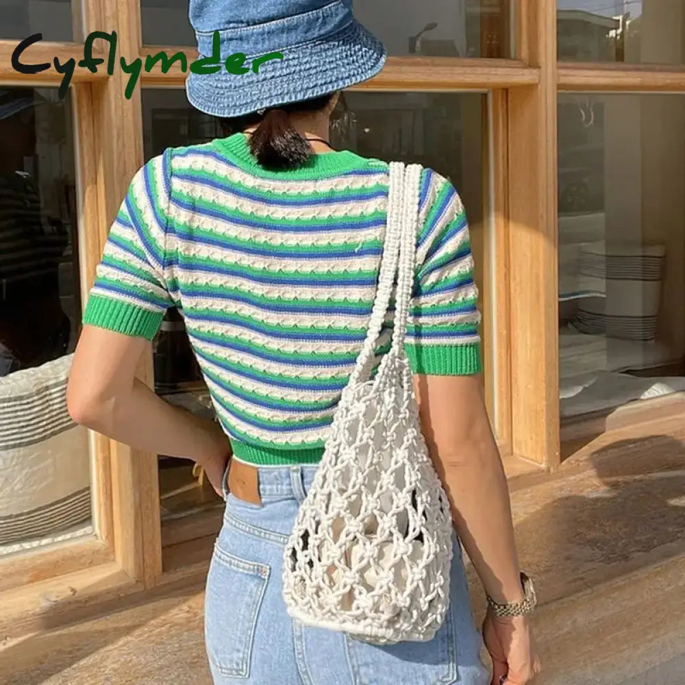 Cyflymder Summer Beach Bag For Women Mesh Rope Knitted Bucket Shoulder Bags Reticulate Hollow