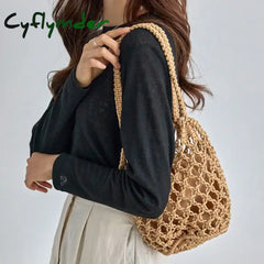 Cyflymder Summer Beach Bag For Women Mesh Rope Knitted Bucket Shoulder Bags Reticulate Hollow
