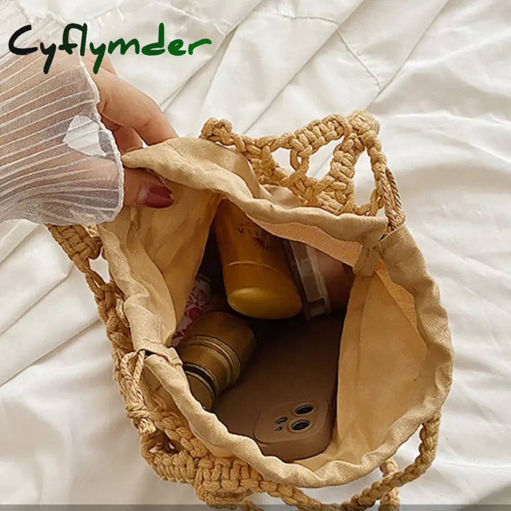 Cyflymder Summer Beach Bag For Women Mesh Rope Knitted Bucket Shoulder Bags Reticulate Hollow