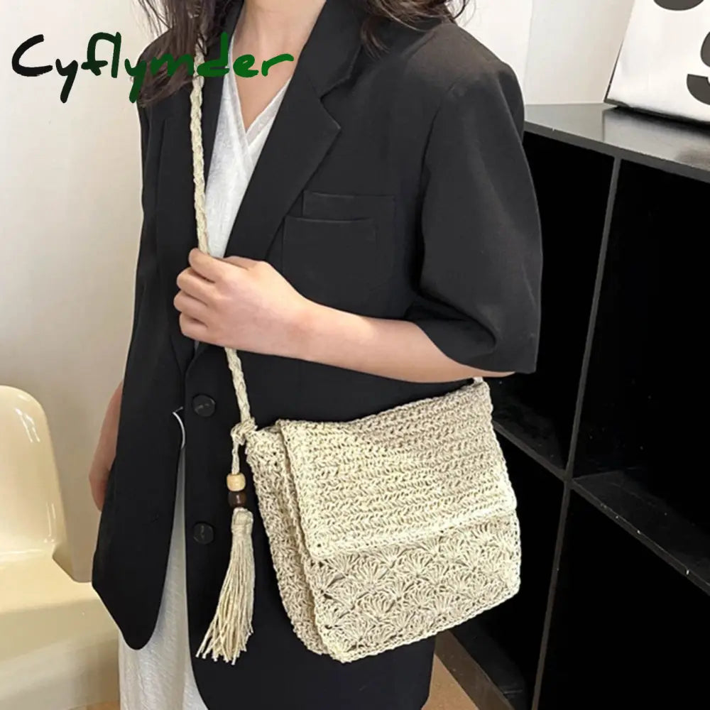 Cyflymder Summer Beach Straw Bag Design Women Shoulder Messenger Crossbody Raffia Hollow Woven