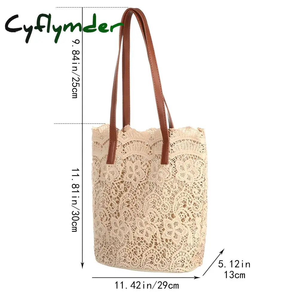 Cyflymder Summer Bucket Shoulder Bag For Women Lace Crochet Flower Elegant Vacation Beach Large