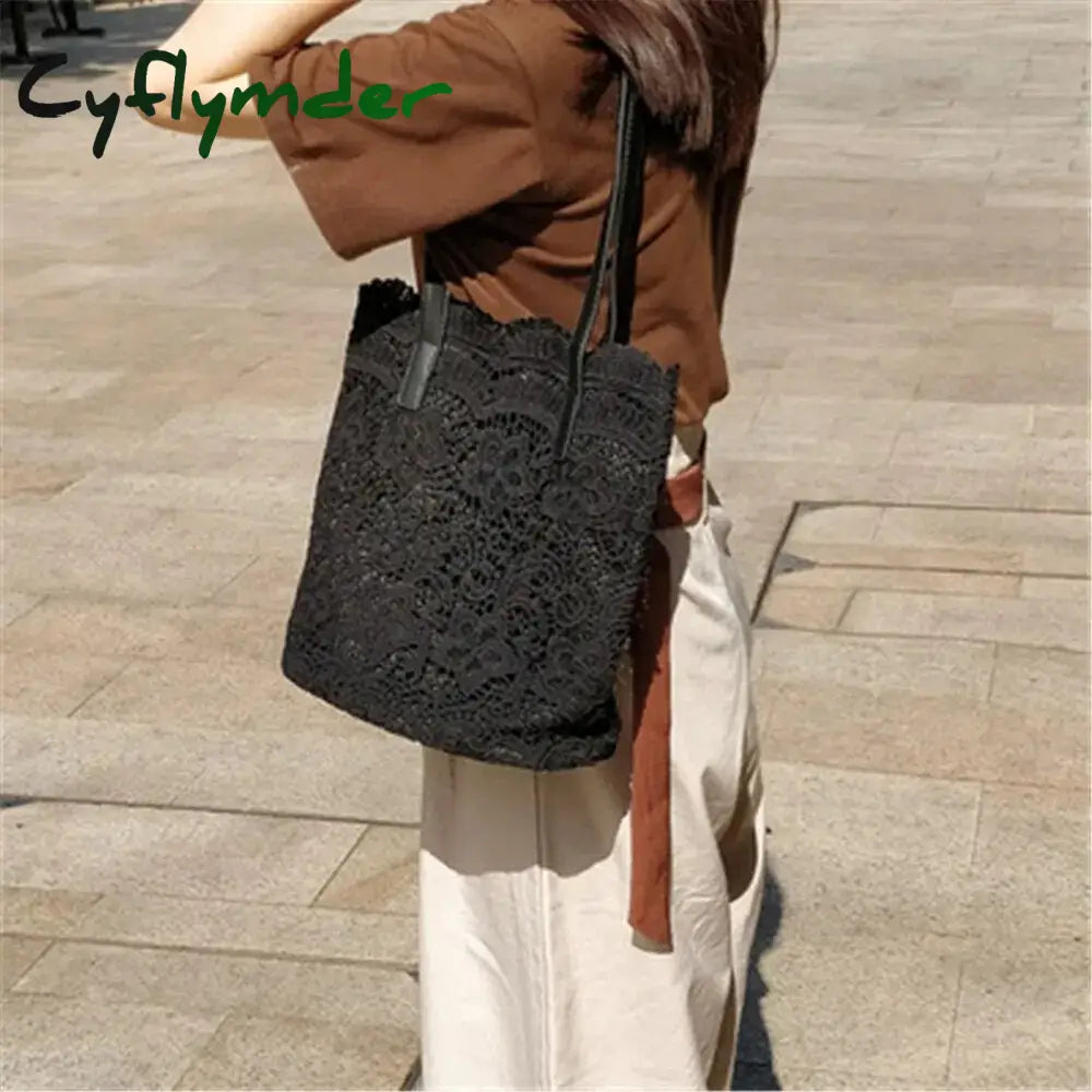 Cyflymder Summer Bucket Shoulder Bag For Women Lace Crochet Flower Elegant Vacation Beach Large